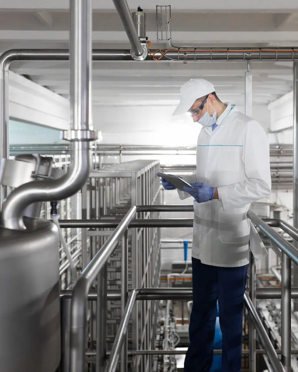 Técnico inspeccionando una válvula y bomba industrial en una planta. Servicio Técnico para Equipos Industriales